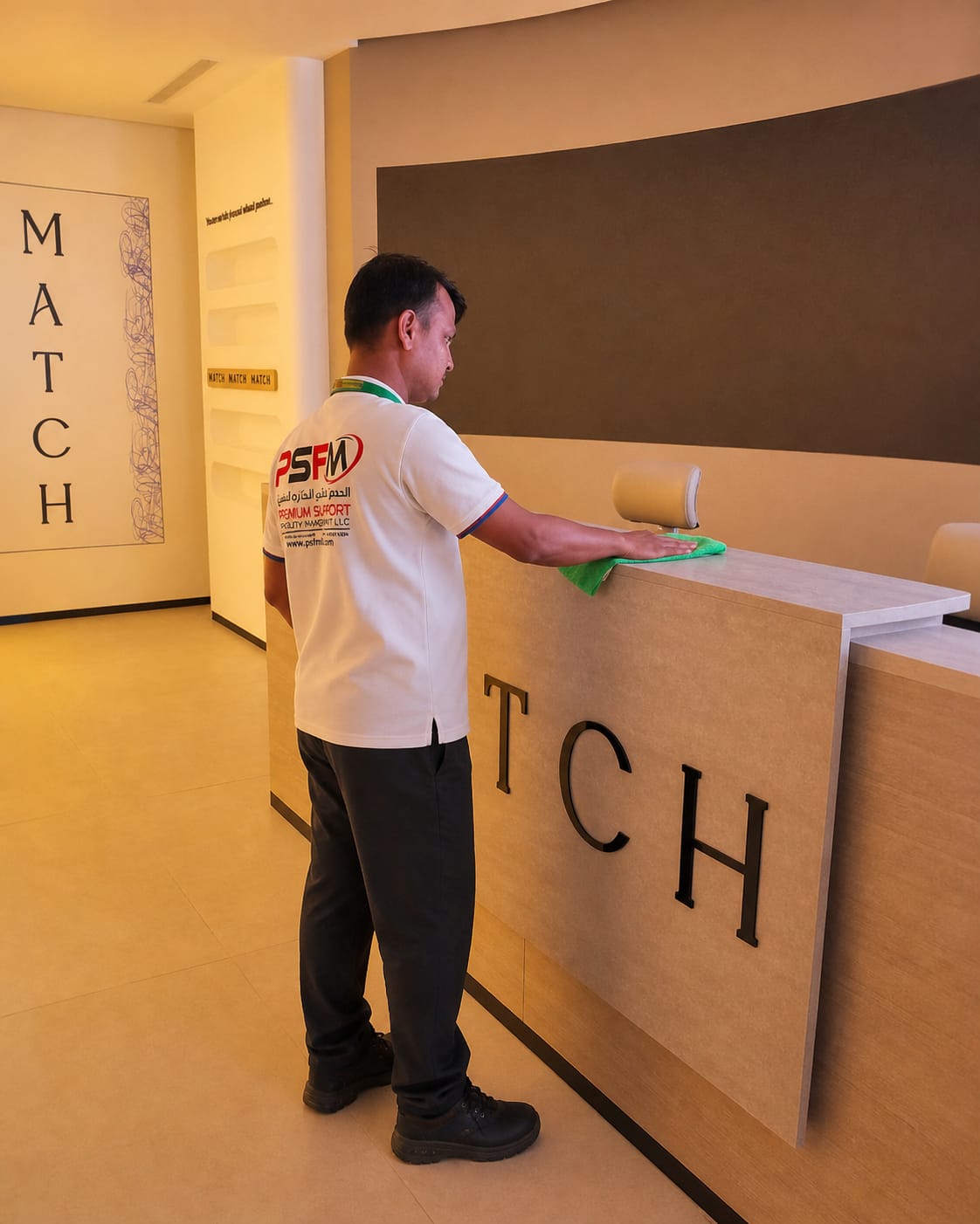 PSFM cleaning the Match Perfume reception counter