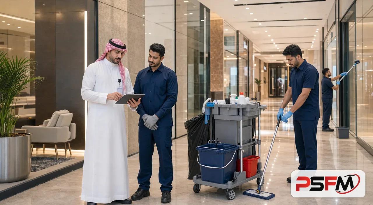 فريق تنظيف من PSFM يحافظ على عقار مكتبي متعدد الاستخدامات في الدمام