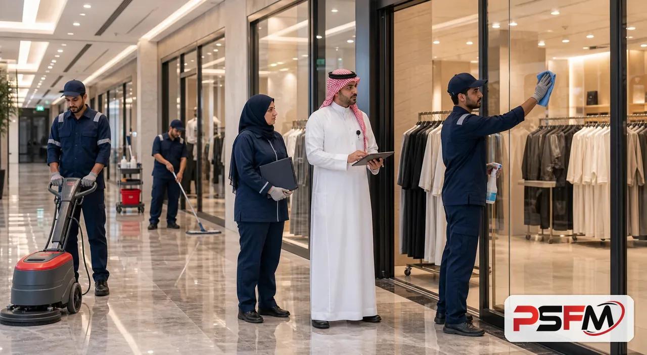 PSFM commercial cleaning team maintaining a retail showroom in Madinah
