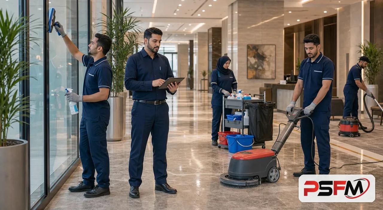 PSFM cleaning team maintaining a corporate mixed-use property in Yanbu