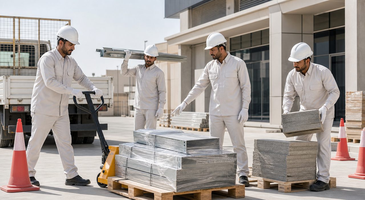 PSFM heavy labour and site support manpower team handling Saudi commercial materials