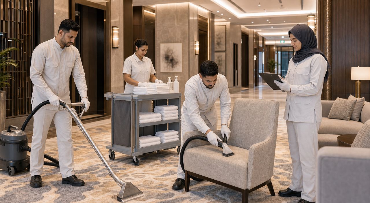 PSFM hotel carpet and upholstery cleaning manpower team serving Saudi hospitality facilities