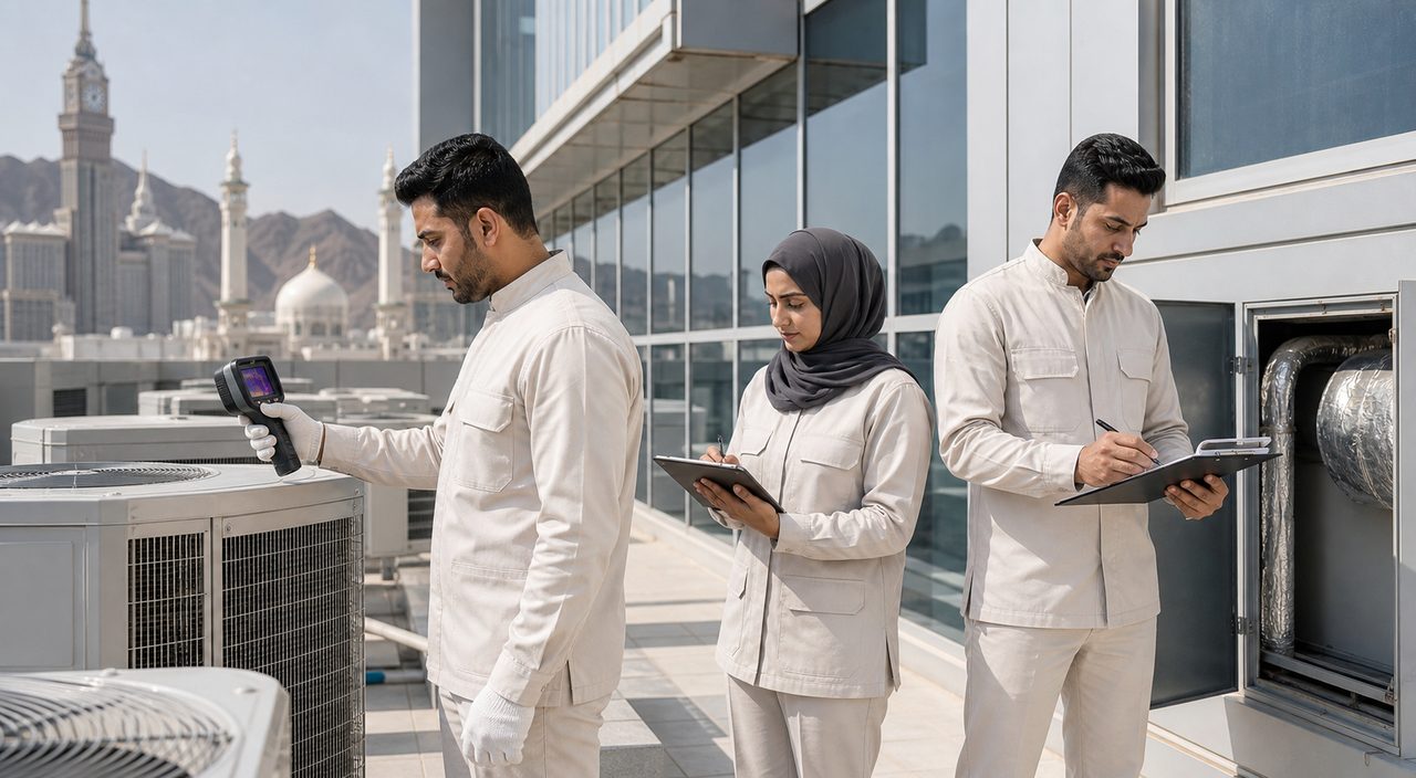 PSFM HVAC maintenance manpower team inspecting a Makkah commercial building
