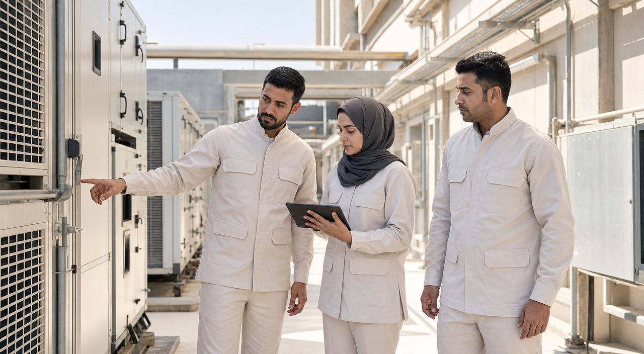 PSFM HVAC maintenance manpower team inspecting Yanbu industrial facility equipment