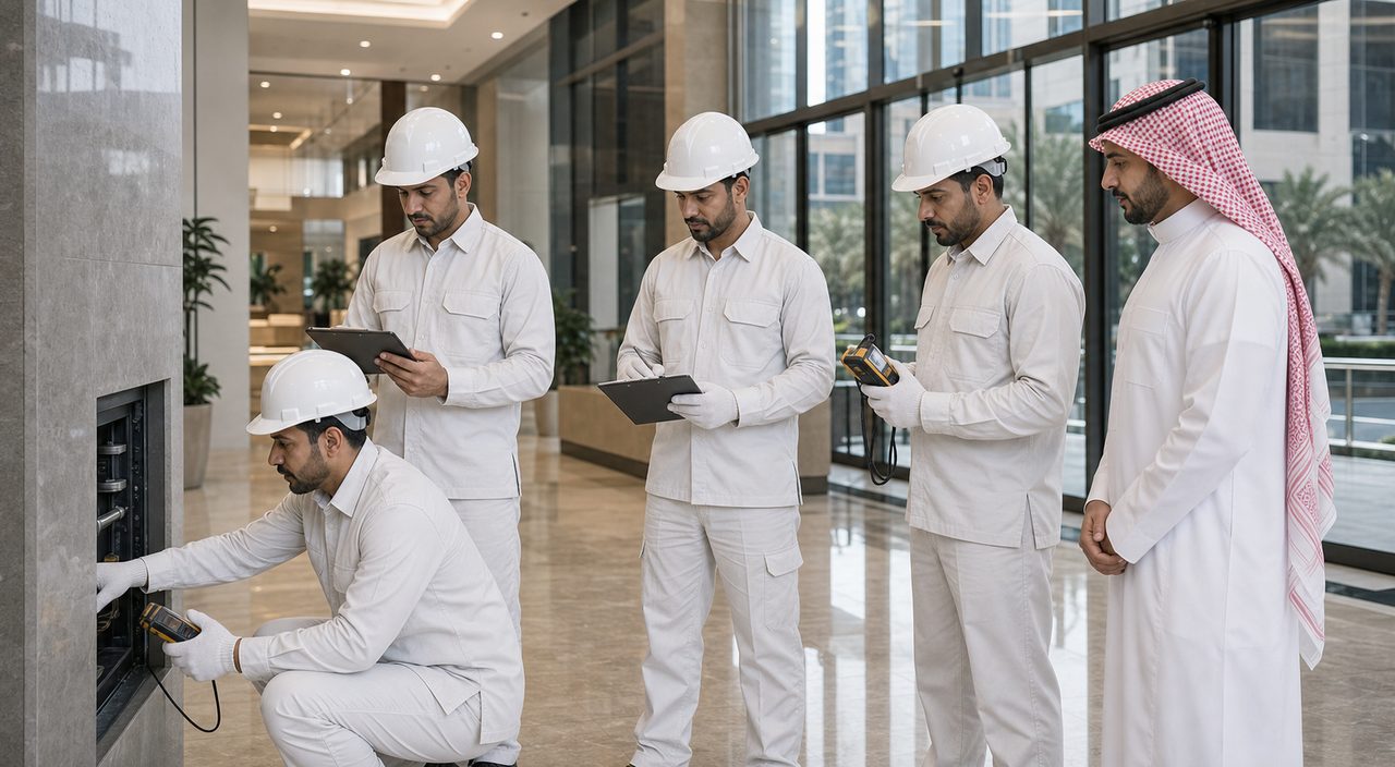 فريق PSFM لإدارة المرافق في جدة يفحص مبنى تجارياً