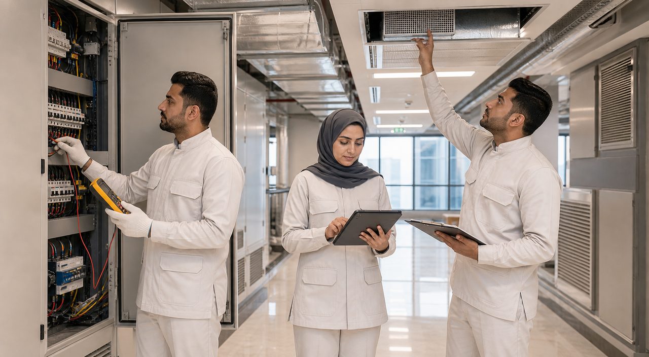 PSFM preventive maintenance manpower team inspecting Saudi commercial facility systems