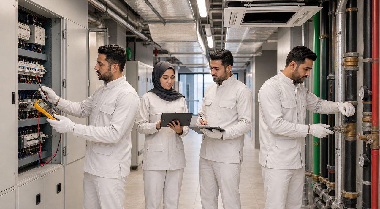 PSFM Riyadh MEP maintenance manpower team inspecting commercial building systems